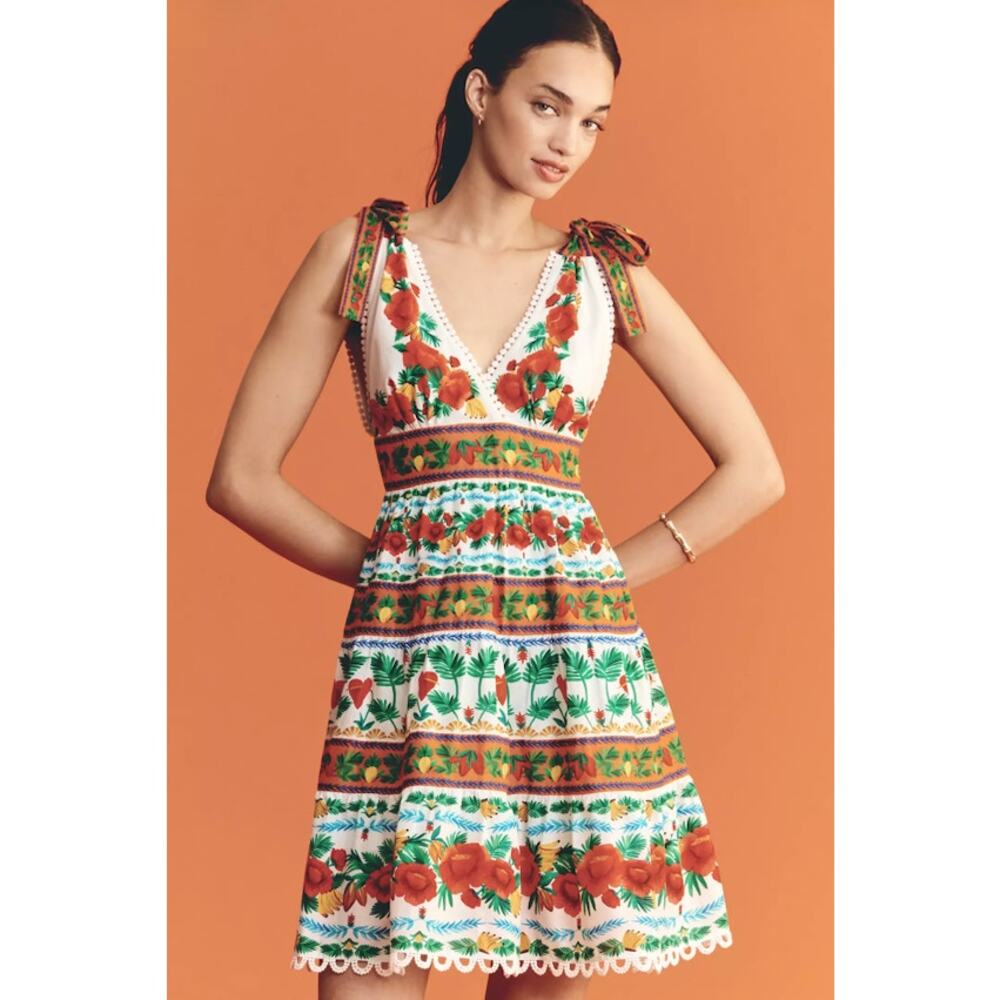 Farm Rio x Anthropologie V-Neck Tiered Mini Dress Size L - Picture 3 of 8